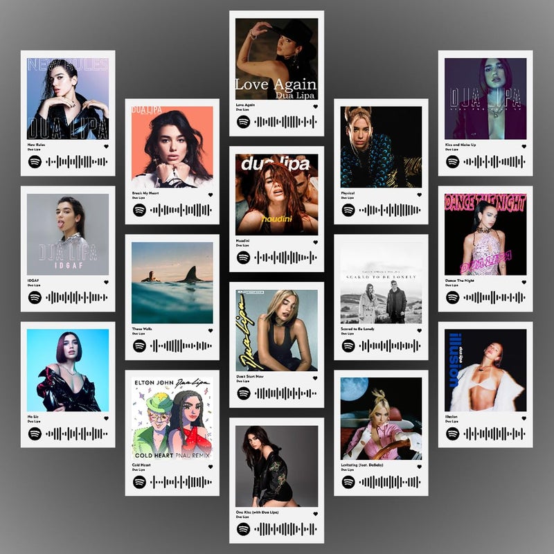 INDOARTNET Dua Lipa Photocards Dua Lipa Songs Mini Poster Kit Set of 16 Dua Lipa Illusion Dont start now New Rules Songs Size 8 x 6 cm Posters for Phone Accessories Bedroom Office room decoration