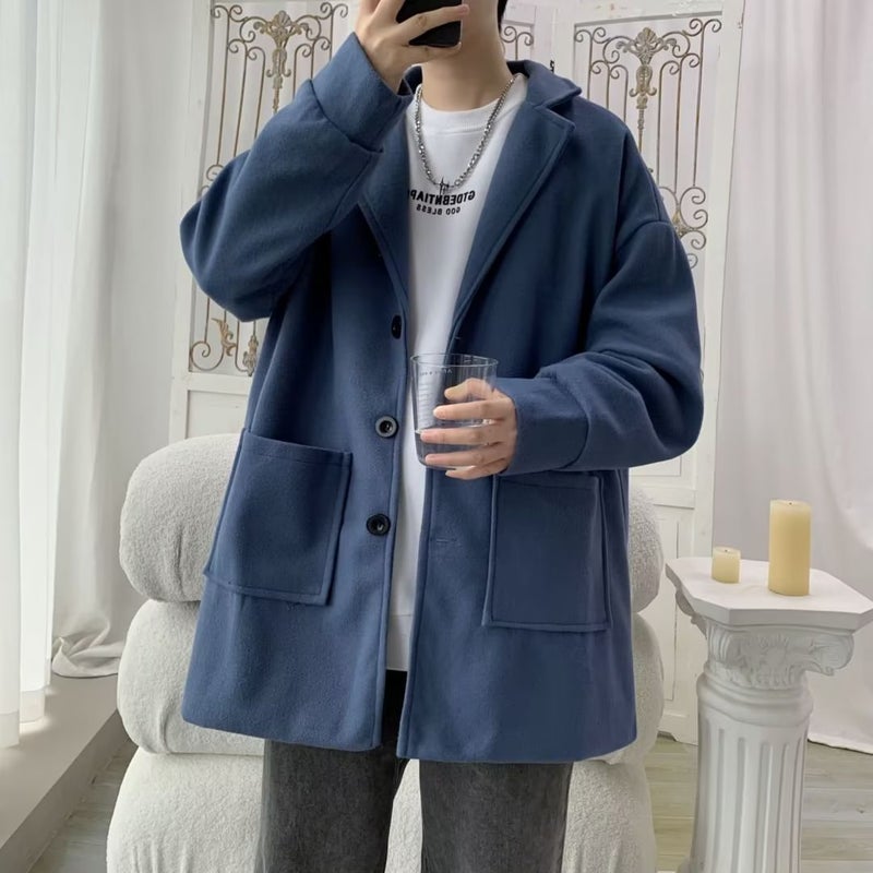 2024 Mens Mid-Length Trench Coat Autumn Winter Woolen Stylish Korean Fashion Blue 