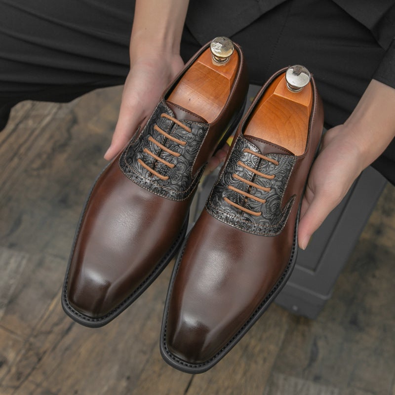 Lace-Up Small Square Toe Office Men'S Shoes Handmade Shoes Men'S British Fashion Business Casual Leather Shoes - Image 4
