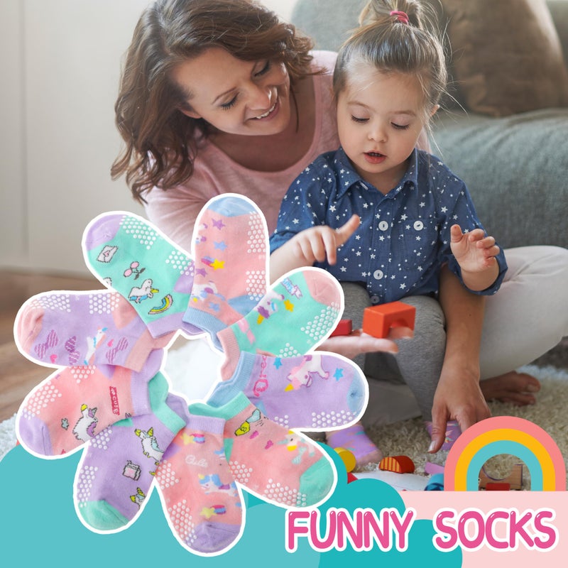 Welwoos Baby Girls Toddlers Grips Socks Kids Non Slip Anti Skid Ankle Unicorn Gift Cotton No Show Socks with Grippers 9 Pairs (Colorful Unicorn, 3-5 Y) - Image 4