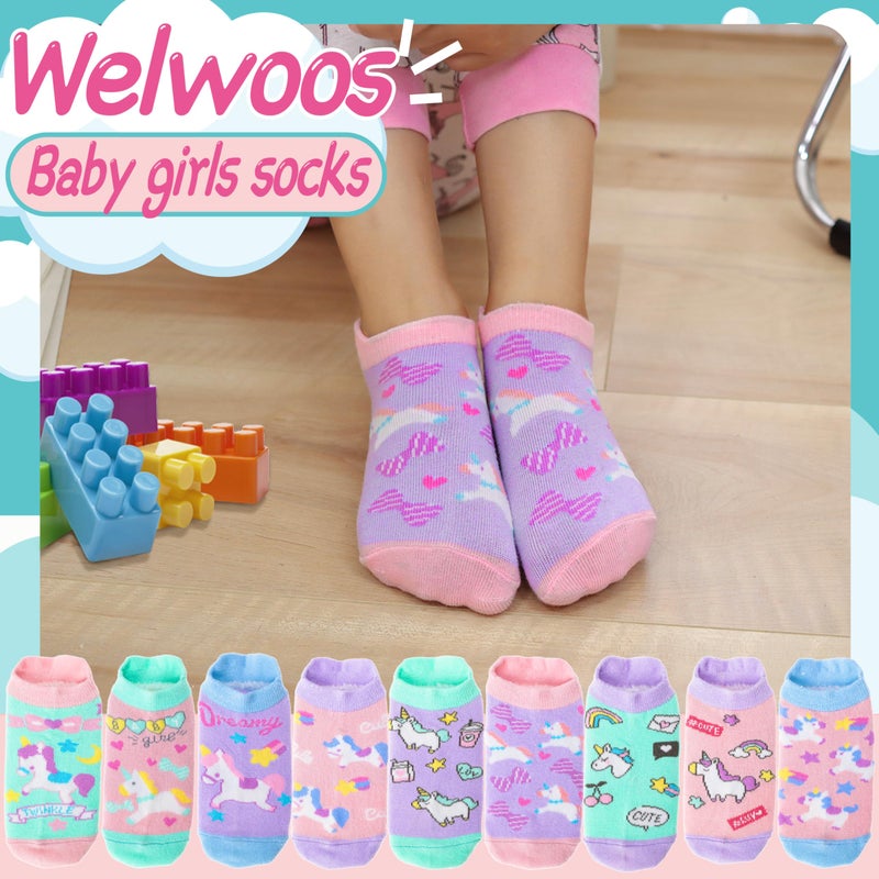Welwoos Baby Girls Toddlers Grips Socks Kids Non Slip Anti Skid Ankle Unicorn Gift Cotton No Show Socks with Grippers 9 Pairs (Colorful Unicorn, 3-5 Y) - Image 2