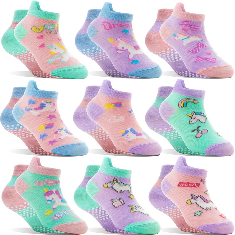 Welwoos Baby Girls Toddlers Grips Socks Kids Non Slip Anti Skid Ankle Unicorn Gift Cotton No Show Socks with Grippers 9 Pairs (Colorful Unicorn, 3-5 Y) - Image 1