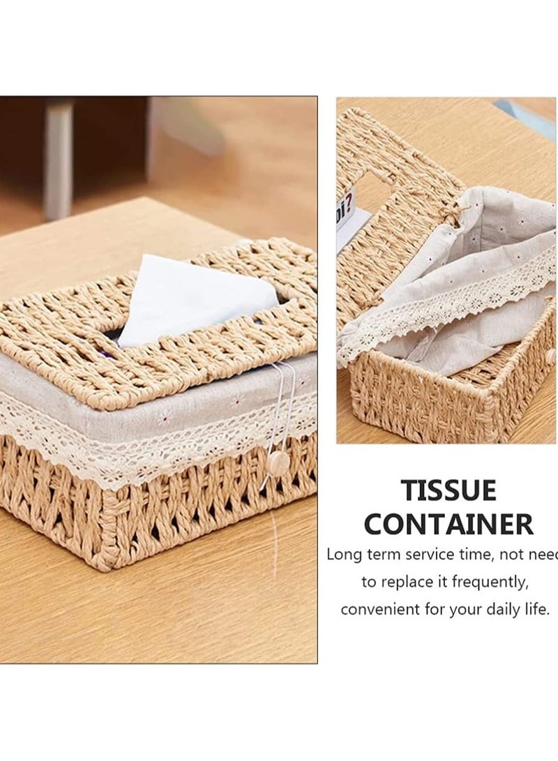 general Woven tissue box with lid rustic tissue box vintage rectangular rattan tissue holder for disposable paper facial tissues, home office car decoration face box  - Image 3