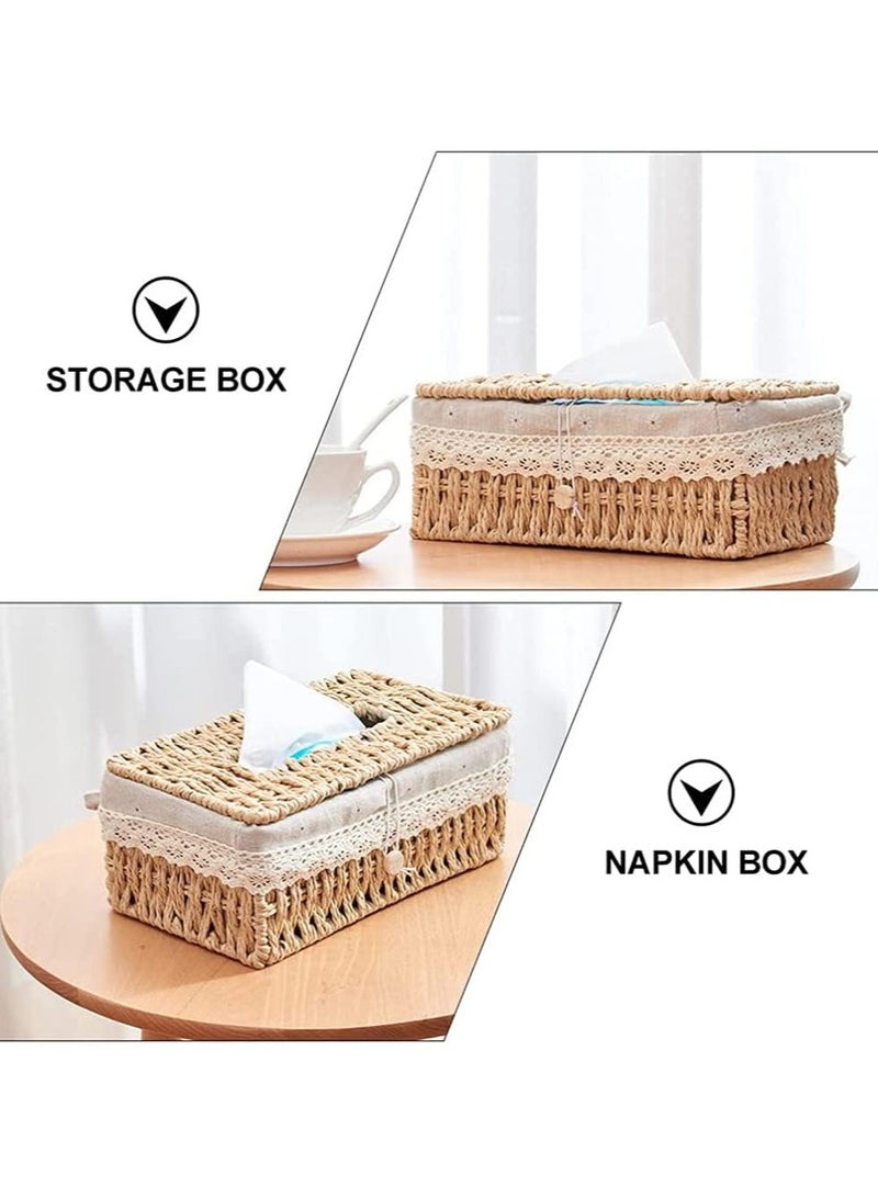 general Woven tissue box with lid rustic tissue box vintage rectangular rattan tissue holder for disposable paper facial tissues, home office car decoration face box  - Image 4