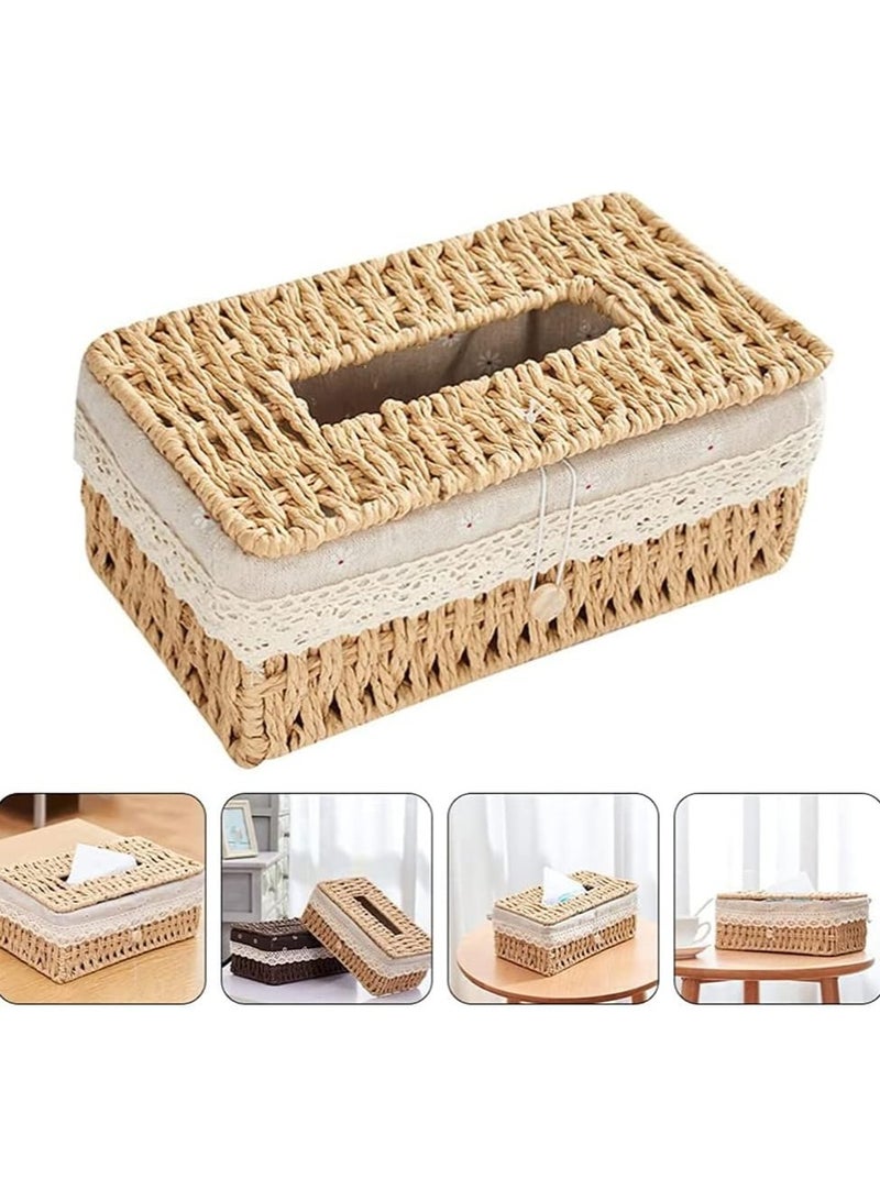 general Woven tissue box with lid rustic tissue box vintage rectangular rattan tissue holder for disposable paper facial tissues, home office car decoration face box  - Image 5