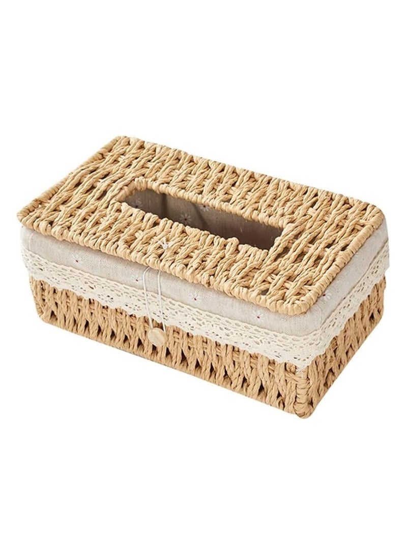 general Woven tissue box with lid rustic tissue box vintage rectangular rattan tissue holder for disposable paper facial tissues, home office car decoration face box  - Image 1