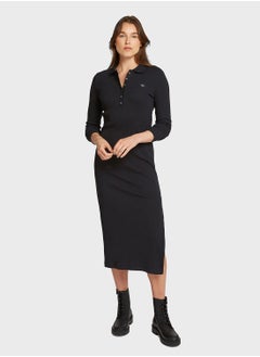 WOVEN LABEL RIB POLO LS DRESS