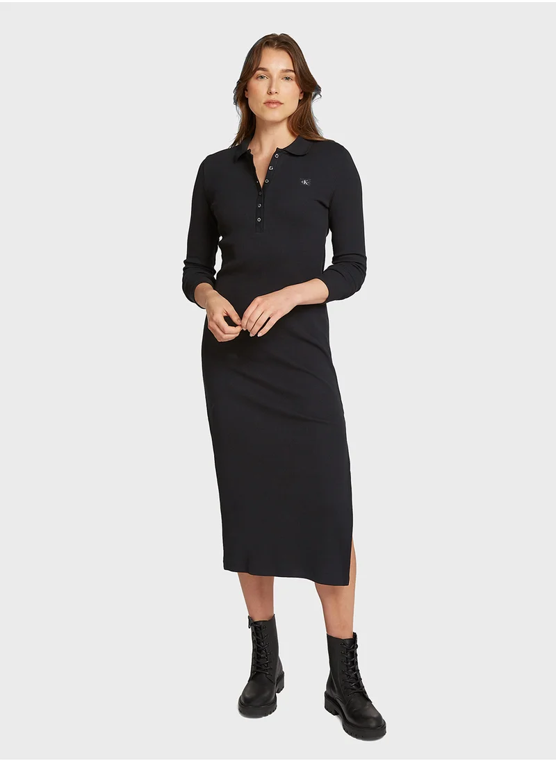 كالفن كلاين جينز WOVEN LABEL RIB POLO LS DRESS