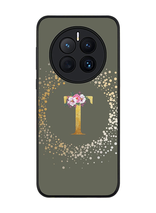 Stylizedd Rugged Black edge case for Huawei Mate 50 Slim fit Soft Case Flexible Rubber Edges TPU Gel Thin Cover - Custom Monogram Initial Letter Floral Pattern Alphabet - T (Olive Green) - Image 1
