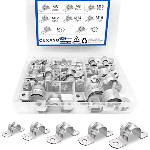 CUKAYO 142 Pcs Pipe Strap Clamp Assortment Kit, 304 Stainless Steel 2 Holes Rigid Pipe Strap U Braket Tube Pipe Strap Clamp - Image 1