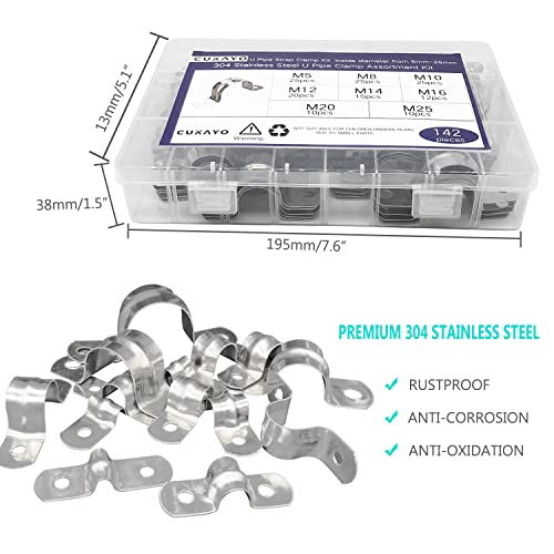 CUKAYO 142 Pcs Pipe Strap Clamp Assortment Kit, 304 Stainless Steel 2 Holes Rigid Pipe Strap U Braket Tube Pipe Strap Clamp - Image 4