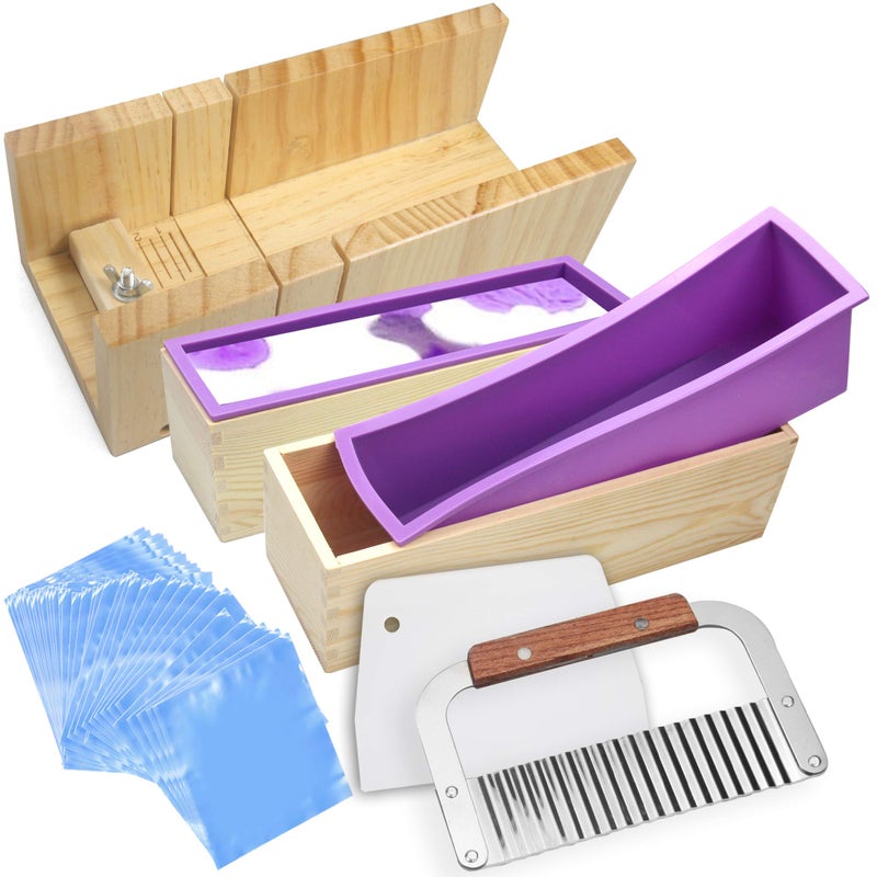 Voulosimi Silicone Soap Mold  Soap Making Cutting Mold Soap Cutter with Wavy Cutter  Straight Slicer and 100 Pcs 6 x 6 inch Shrink Wrap Bags