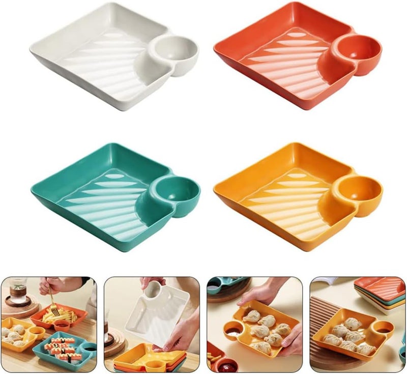 ARQIVO Dumpling Plate with Dipping Saucer Sushi Dish Square Serving Platter Tray for Fruit Appetizer Dessert Party Chips Salsa Plate Home and Kitchen Pack of 4 - Image 1