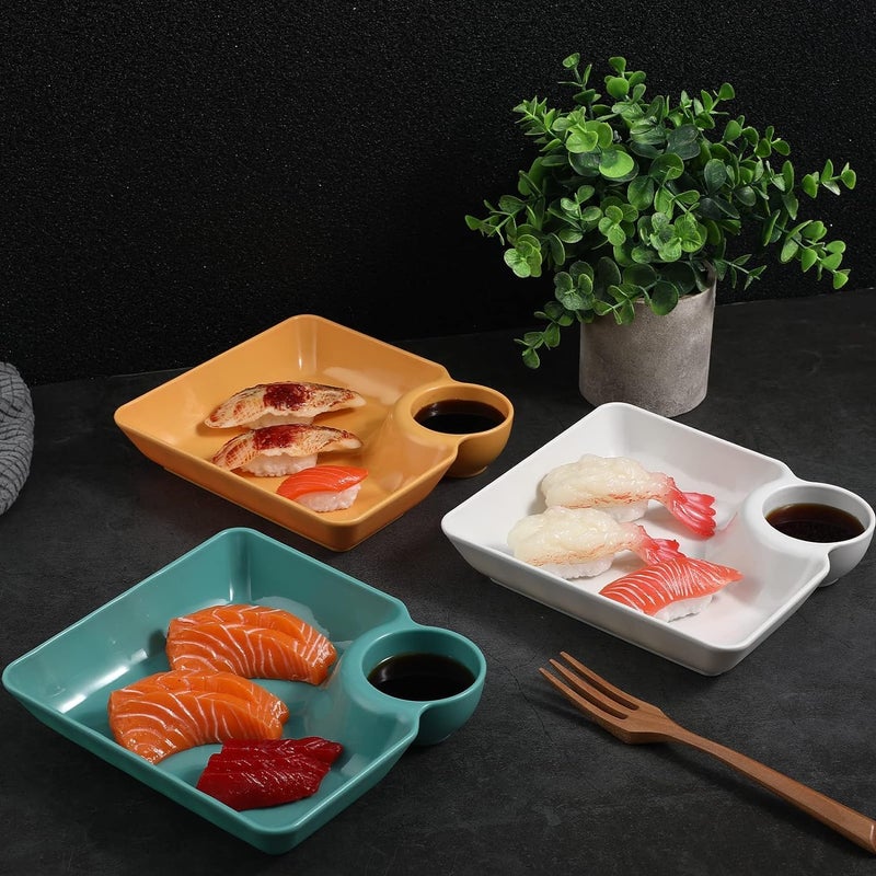 ARQIVO Dumpling Plate with Dipping Saucer Sushi Dish Square Serving Platter Tray for Fruit Appetizer Dessert Party Chips Salsa Plate Home and Kitchen Pack of 4 - Image 2