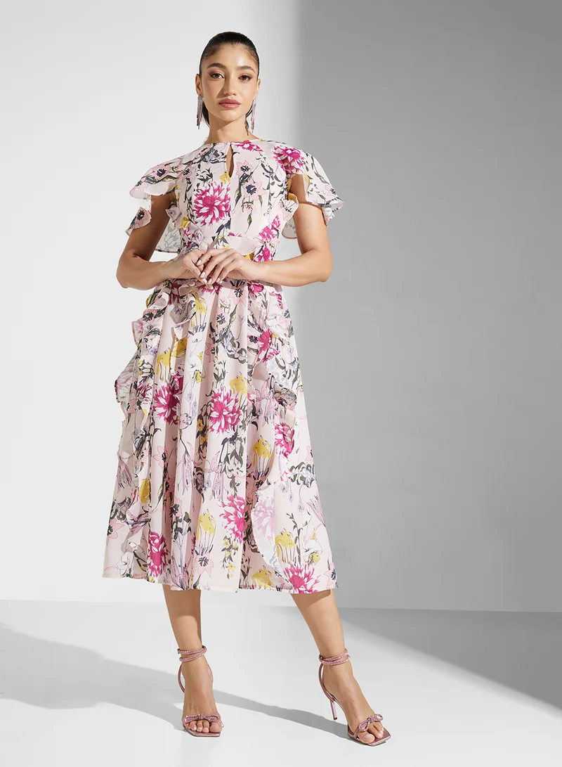 Frock and Frill Floral Ruffled Midi Dress