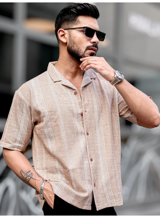 مانياك Maniac Mens Vertical Stripes Collared Neck Half Sleeve Beige Tweed Fabric Oversized Shirt