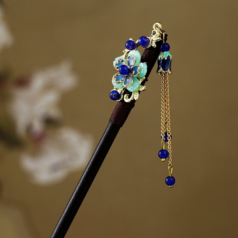 Generic Palace Style Imitation Ebony Hairpin Antique Hanfu Flower Hair Hairpin National Style Tassel Hairpin Ancient Clothing Hair Ornament Night Sink Central