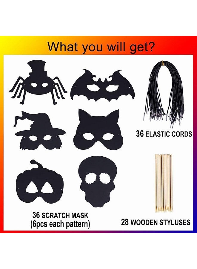 Max Fun 36Pcs Halloween Rainbow Scratch Mask Art Craft Kit For Kids Birthday Cosplay Classroom Decoration Magic Scratch Paper Halloween Party Favor Supplies Bat Witch Pumpkin Zombie Pirate Skull - Image 4