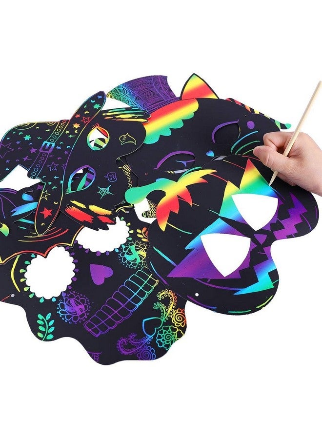 Max Fun 36Pcs Halloween Rainbow Scratch Mask Art Craft Kit For Kids Birthday Cosplay Classroom Decoration Magic Scratch Paper Halloween Party Favor Supplies Bat Witch Pumpkin Zombie Pirate Skull - Image 5