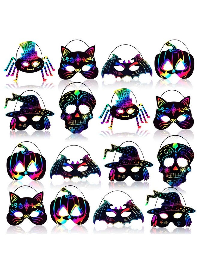 Max Fun 36Pcs Halloween Rainbow Scratch Mask Art Craft Kit For Kids Birthday Cosplay Classroom Decoration Magic Scratch Paper Halloween Party Favor Supplies Bat Witch Pumpkin Zombie Pirate Skull - Image 1