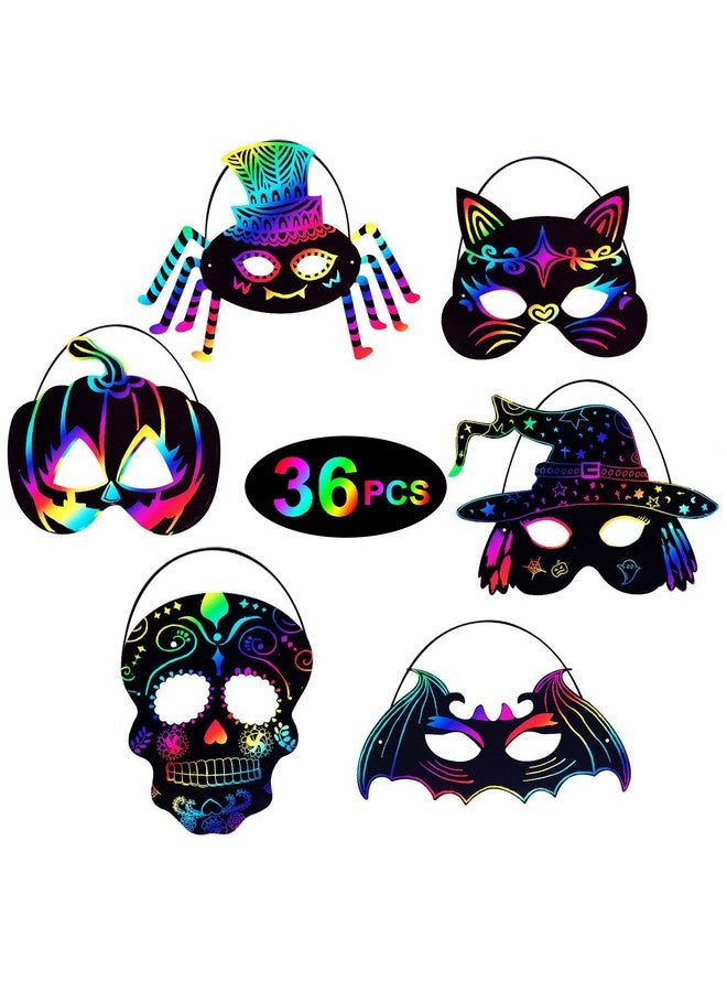 Max Fun 36Pcs Halloween Rainbow Scratch Mask Art Craft Kit For Kids Birthday Cosplay Classroom Decoration Magic Scratch Paper Halloween Party Favor Supplies Bat Witch Pumpkin Zombie Pirate Skull - Image 3