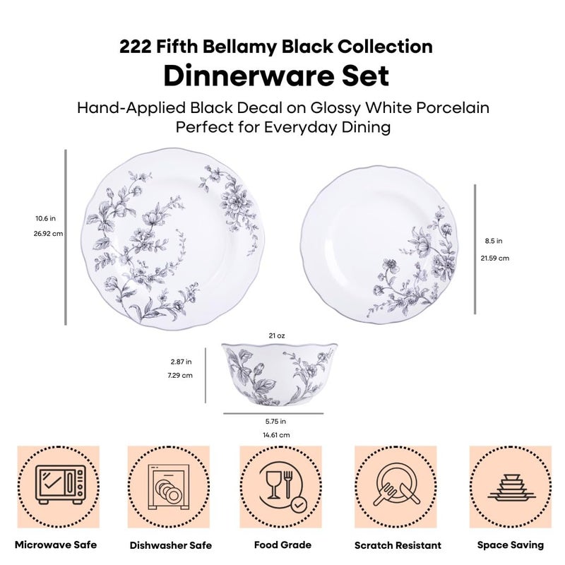 222 Fifth 12-Piece Porcelain Dinnerware Set for 4, White & Black Plates and Bowls Set, Glossy Ceramic Dish Set with Delicate Floral Design, Elegant Kitchen Dishes, Microwave & Dishwasher Safe, Bellamy - Image 2