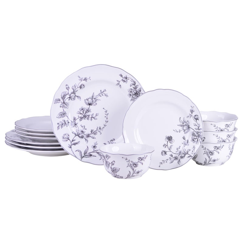 222 Fifth 12-Piece Porcelain Dinnerware Set for 4, White & Black Plates and Bowls Set, Glossy Ceramic Dish Set with Delicate Floral Design, Elegant Kitchen Dishes, Microwave & Dishwasher Safe, Bellamy - Image 1