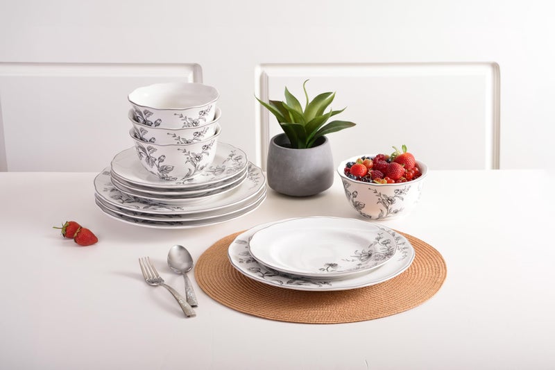 222 Fifth 12-Piece Porcelain Dinnerware Set for 4, White & Black Plates and Bowls Set, Glossy Ceramic Dish Set with Delicate Floral Design, Elegant Kitchen Dishes, Microwave & Dishwasher Safe, Bellamy - Image 3
