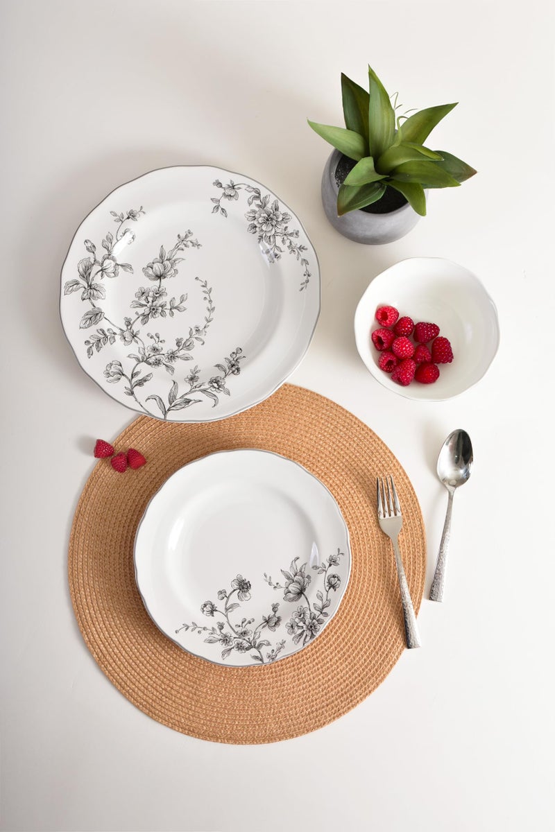 222 Fifth 12-Piece Porcelain Dinnerware Set for 4, White & Black Plates and Bowls Set, Glossy Ceramic Dish Set with Delicate Floral Design, Elegant Kitchen Dishes, Microwave & Dishwasher Safe, Bellamy - Image 4
