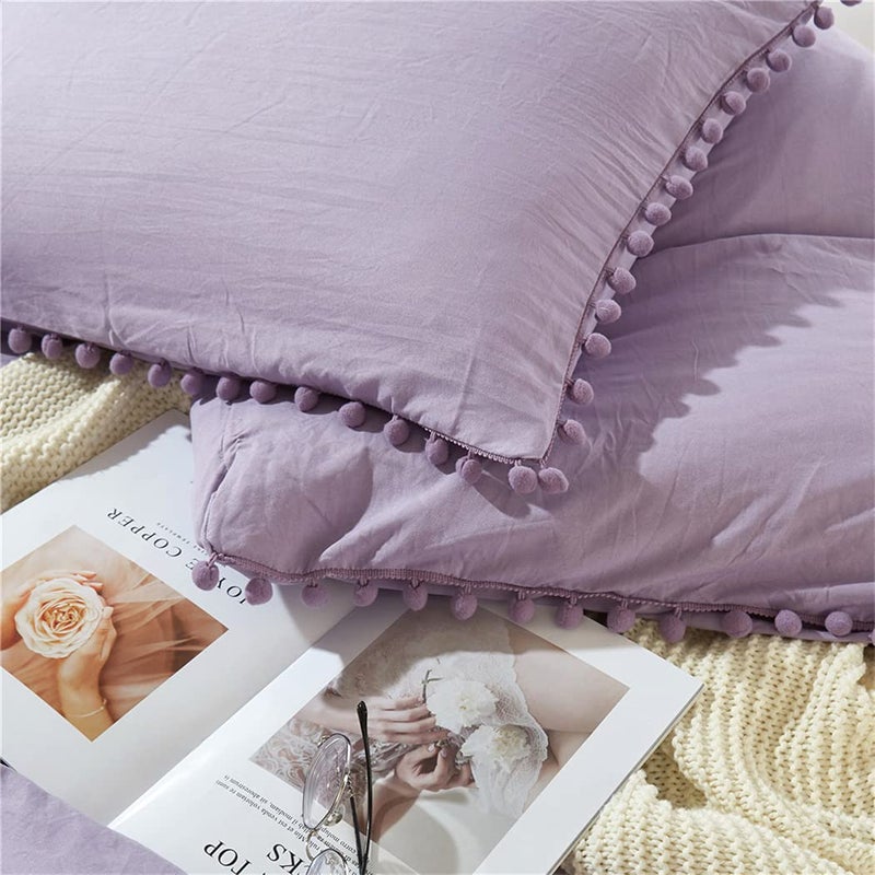 IHOUSTRIY Kid's Duvet Cover Twin Size 100% Washed Microfiber 2pcs Bedding Duvet Cover Set  Pom Poms Fringe Solid Color Soft and Breathable with Zipper Closure & Corner Ties (Twin  Purple) - Image 5