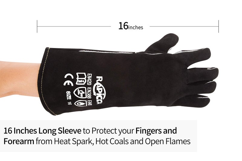 RAPICCA Welding Gloves 16IN Heat & Fire Resistant Leather for Stick MIG TIG Flux-Core Welder, Forge, Blacksmith, Fireplace, Wood Stove, Fire Pit, Furnace, Dry Ice Handling – Black – 662°F Protection - Image 5
