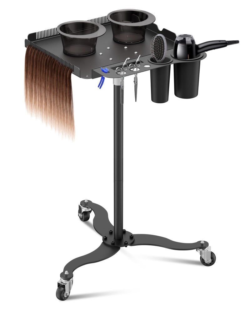 KFM Metal Salon Tray on Wheels with 2 Magnetic Bowls Hairstylist Holder and Hair Separator Stand 
