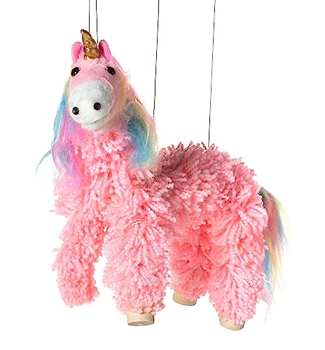 Artisan Owl Yarn and Plush Pink Unicorn Marionette Puppet Wooden Feet and Detachable Strings Styles Vary Pink - Image 1