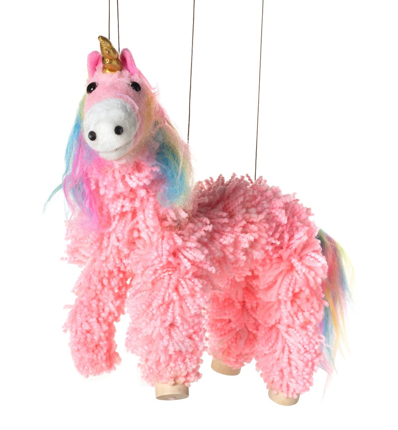 Artisan Owl Yarn and Plush Pink Unicorn Marionette Puppet Wooden Feet and Detachable Strings Styles Vary Pink - Image 2