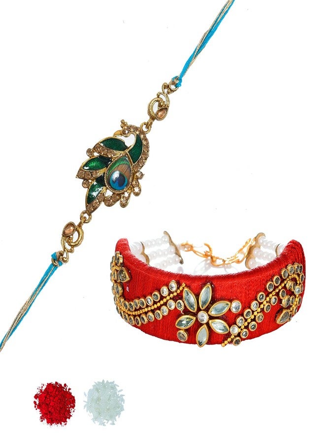 PrideKraft | Designer Rakhi With Kada Set For Couple | Bhaiya Bhabhi Rakhi | Brother Bhai Bro Rakhi | Pack Of 2 Rakhi | Roli Rice Pack | 1 Greet Card,Multi - Image 2