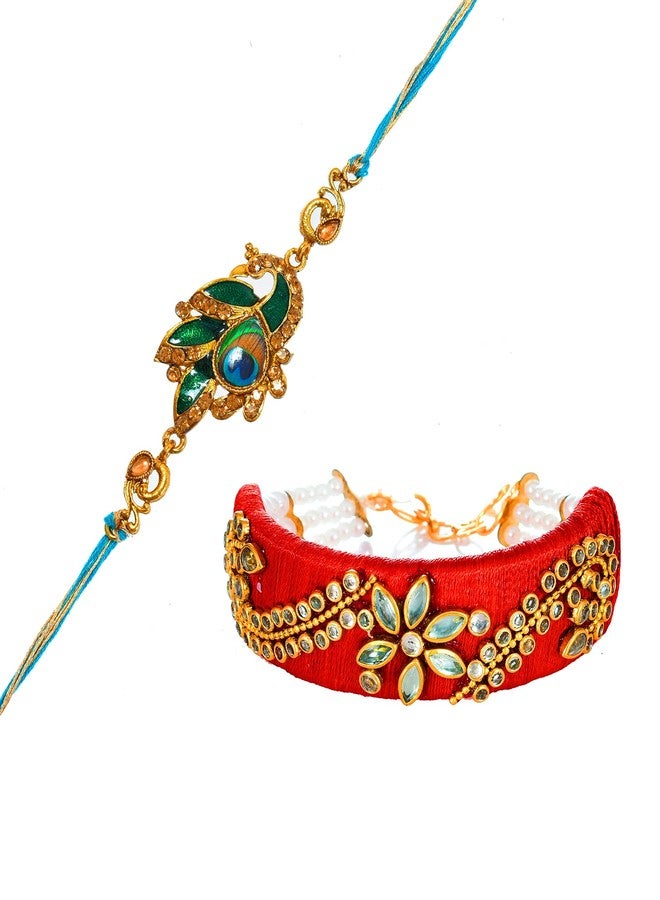 PrideKraft | Designer Rakhi With Kada Set For Couple | Bhaiya Bhabhi Rakhi | Brother Bhai Bro Rakhi | Pack Of 2 Rakhi | Roli Rice Pack | 1 Greet Card,Multi - Image 1