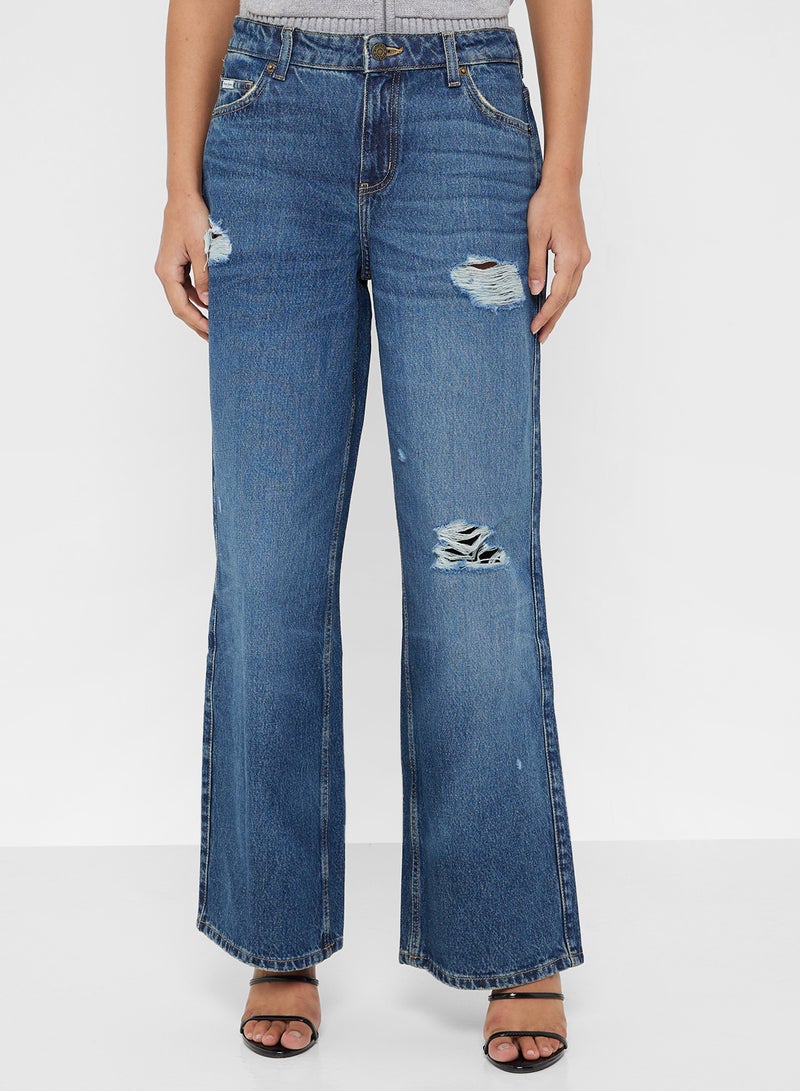 GUESS Ripped Detail Wide Leg Jeans - Image 1