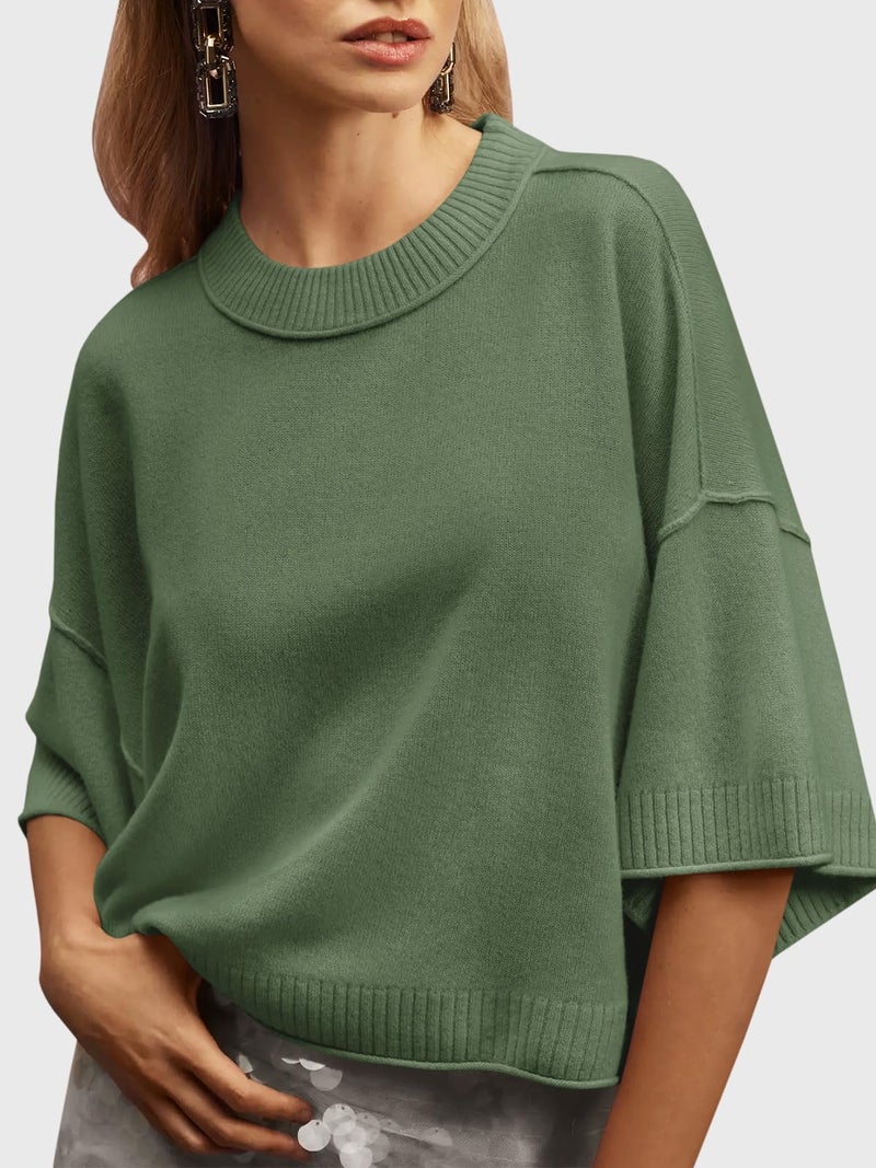 Saodimallsu Womens Short Sleeve Sweater Summer Oversized Cropped Sweaters Casual Crewneck Lightweight Knit Tops Army Green - Image 2