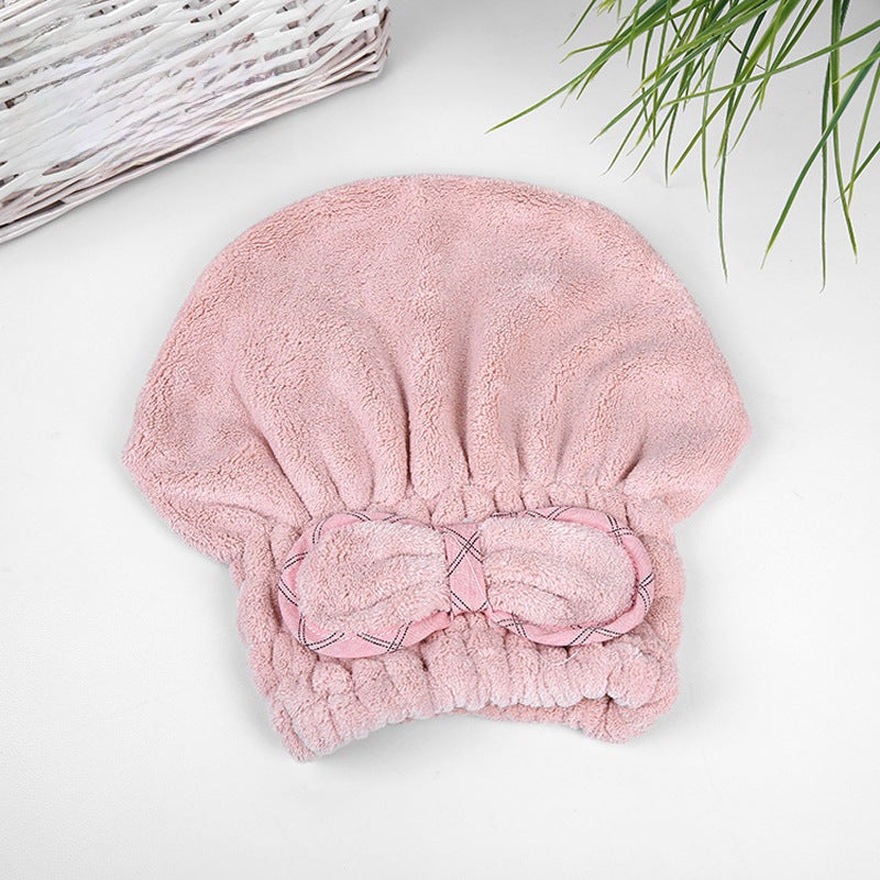 Japanese Plain Coral Fleece Dry Hair Cap Women's Cute Quick-drying Hair Shower Cap Water Absorbent Baotou Princess Cap Student Fashion(Deep Powder, 27*26cm) - Image 1