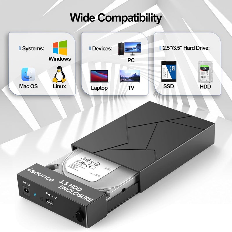 Sounce Type C Hard Drive Enclosure, External Hard Drive Docking Station for 3.5/2.5 Inch SATA Hard Drives/SSD with 16 TB+, Tool-Free HDD Enclosure 12V/2A Power Supply UASP (Black) - Image 5