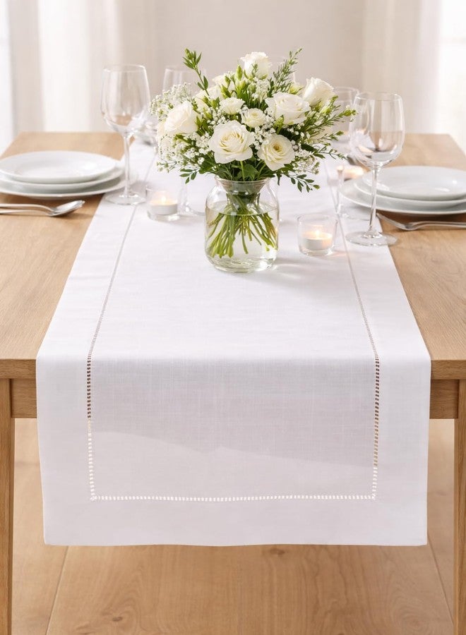 Fennco Styles Classic Solid Color Hemstitch Border Table Runner for Dining Table, Banquet, Wedding, Family Dinner, 16 x120 Inch, White - Image 1