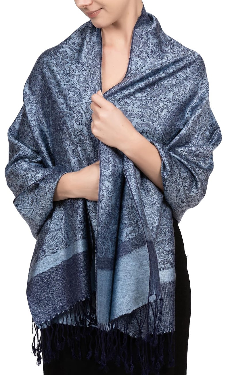 Achillea Two Tone Vintage Jacquard Paisley Pashmina Shawl Wrap Scarf (Steel Blue) - Image 1