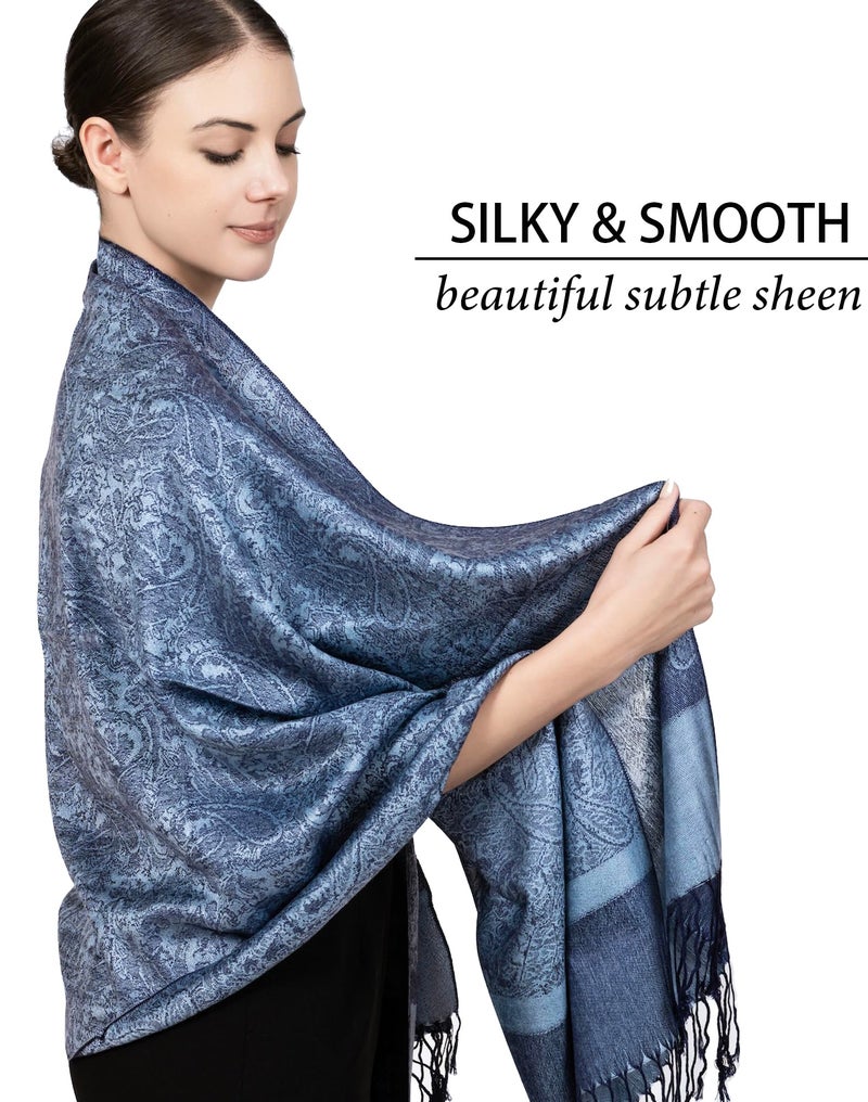 Achillea Two Tone Vintage Jacquard Paisley Pashmina Shawl Wrap Scarf (Steel Blue) - Image 3