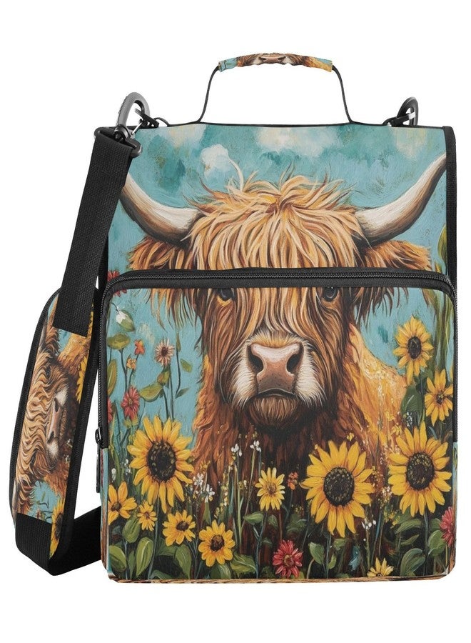 ATTX Sunflowers Highland Cow Zipper Binder with Adjustable Padded Strap - 3 Ring 500 Sheet Capacity Binder Bag with Multi-Pocket Organizer, Fits 12 Inch Laptop - Image 1