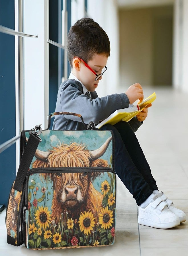 ATTX Sunflowers Highland Cow Zipper Binder with Adjustable Padded Strap - 3 Ring 500 Sheet Capacity Binder Bag with Multi-Pocket Organizer, Fits 12 Inch Laptop - Image 5