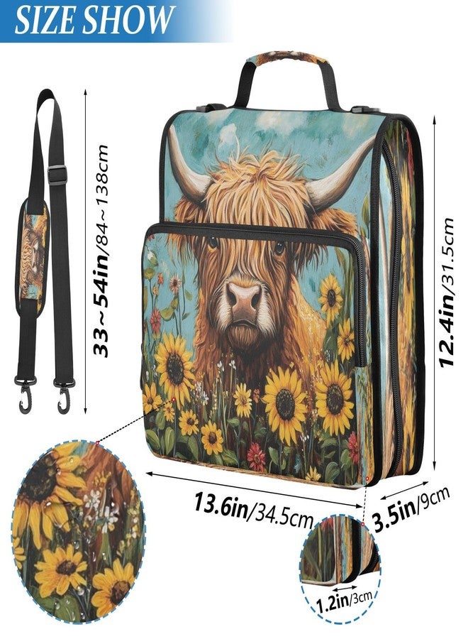 ATTX Sunflowers Highland Cow Zipper Binder with Adjustable Padded Strap - 3 Ring 500 Sheet Capacity Binder Bag with Multi-Pocket Organizer, Fits 12 Inch Laptop - Image 2