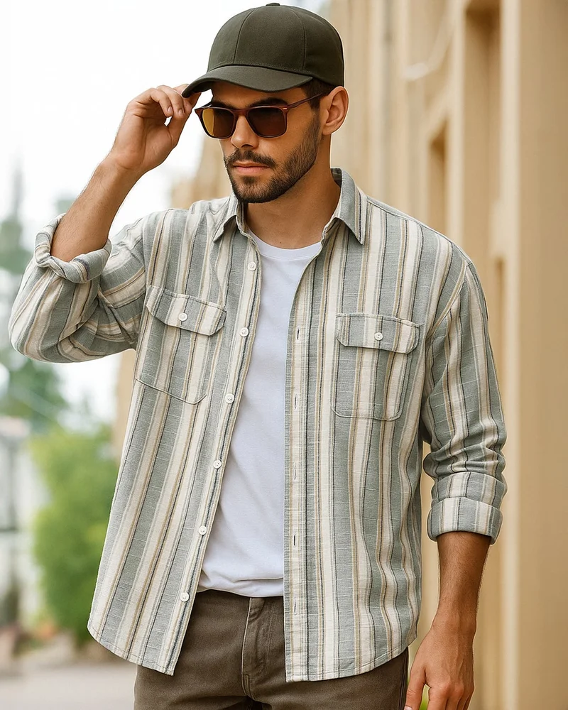 بيواكوف Men's Off White & Green Striped Oversized Shirt