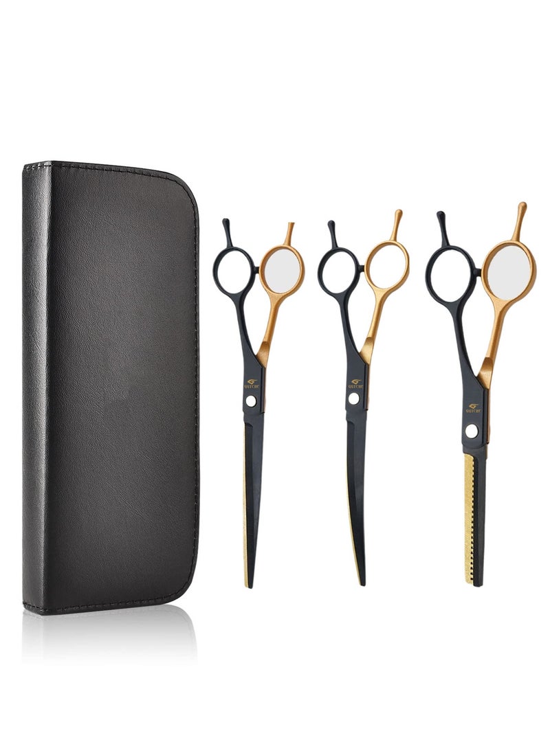 GUTCHE 3 PCS Hair Clipper and Scissors Hairdressing Set for Home, Salon, Barber Shop, Gift, Including Flat Clipper, Tooth Clipper, Curved Clipper, Black Gold  - Image 1