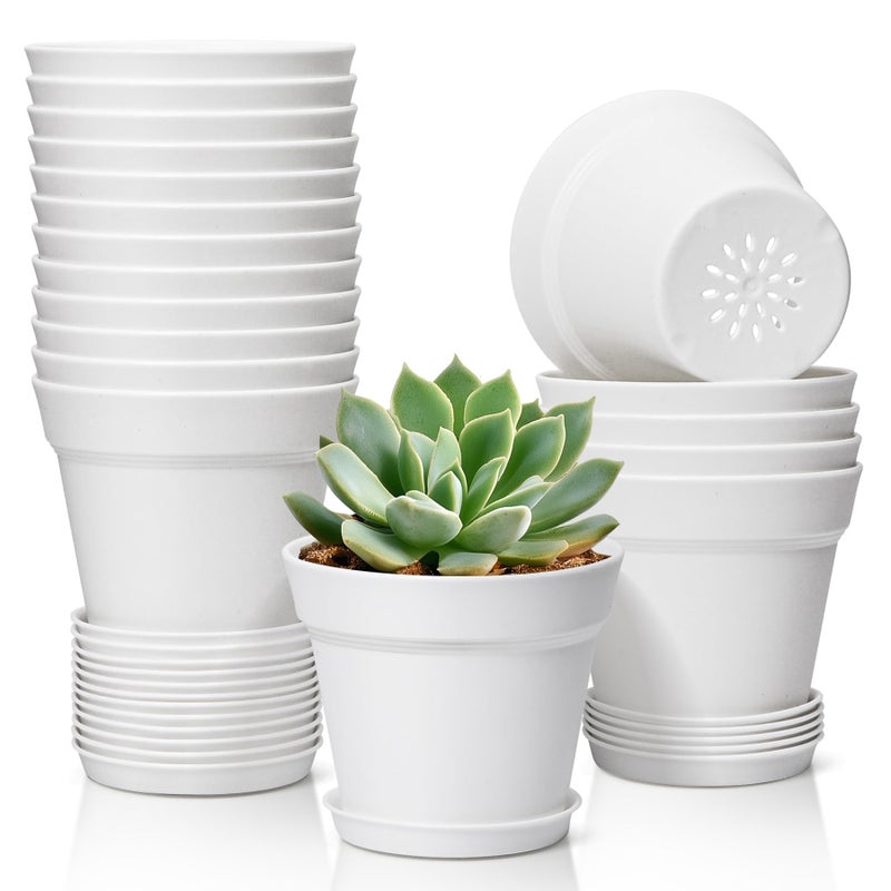 T4U 4 Inch Plant Pots 18-Pack, Small Flower Pots with Saucer and Drainage Hole, Durable Plastic Pots, Nursery Small Flower Pot Bulk for Plants, Succulent, Violet, Decorative (18 Pack 4" Pot, White) - Image 1
