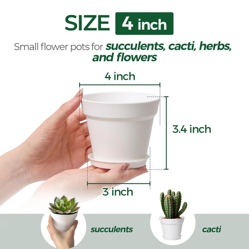 T4U 4 Inch Plant Pots 18-Pack, Small Flower Pots with Saucer and Drainage Hole, Durable Plastic Pots, Nursery Small Flower Pot Bulk for Plants, Succulent, Violet, Decorative (18 Pack 4" Pot, White) - Image 2